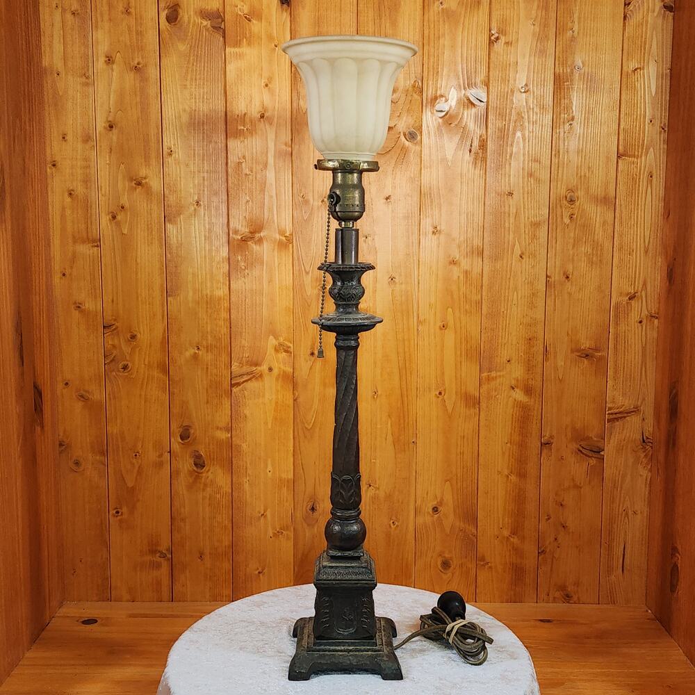 Antique Style Bronze Torchiere Lamp Hammered Column Frosted Tulip Shade
